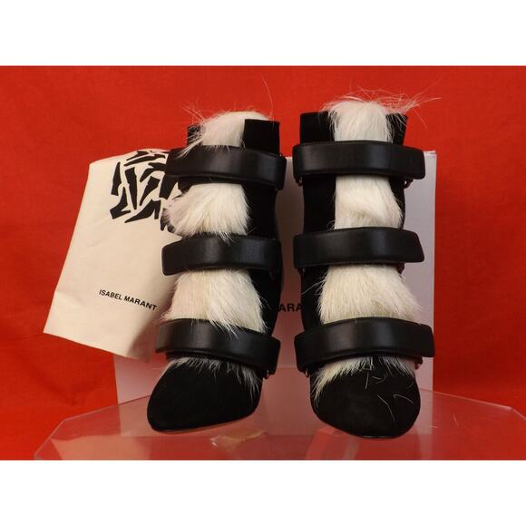 NIB ISABEL MARANT PIERCE BLACK LEATHER SUEDE FUR BELTED ANKLE BOOTS 36 6 $1500 - Picture 1 of 10